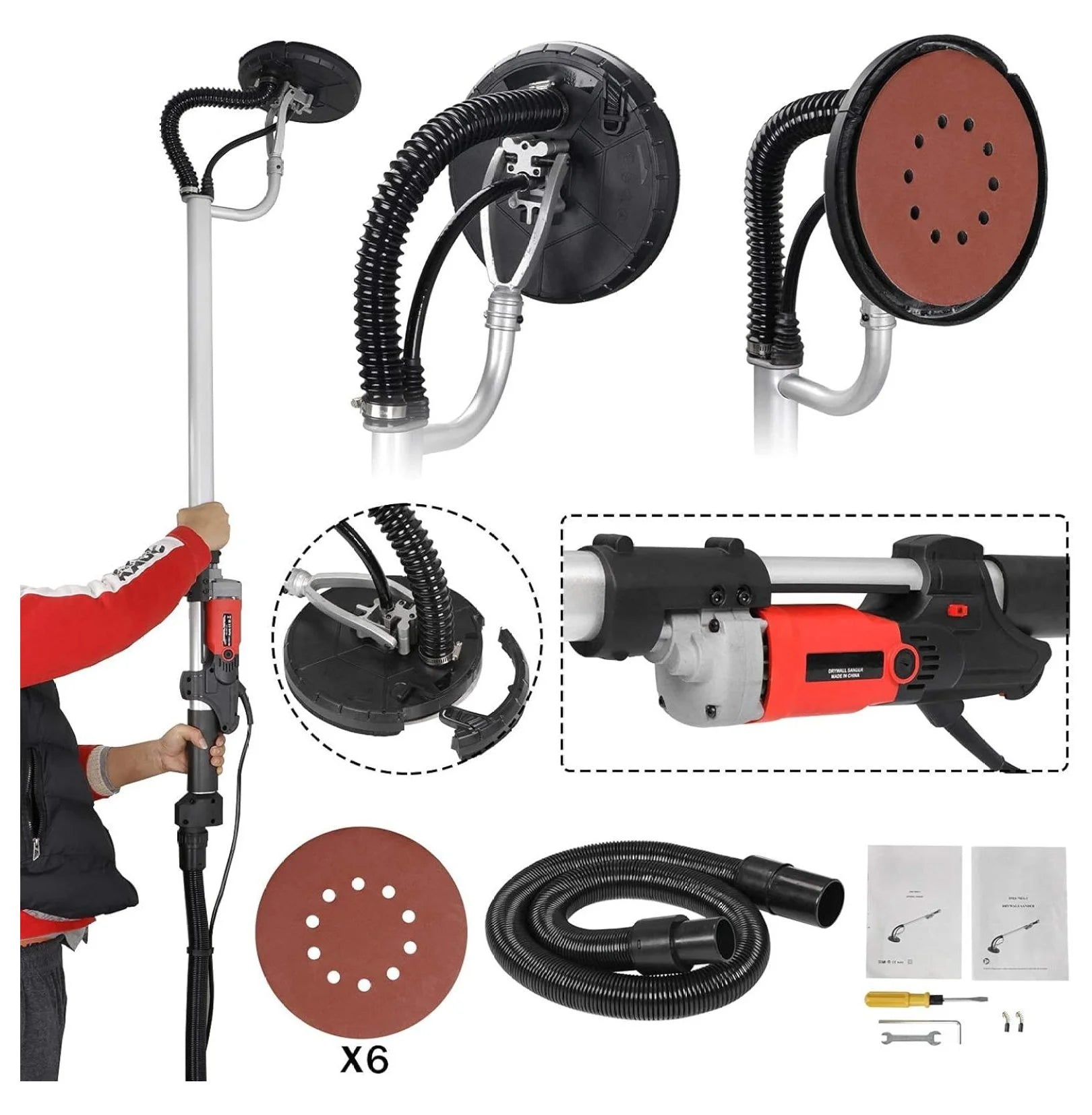 Electric Drywall Sander 800w Adjustable Variable 6 Speed Disc Sander w/6 Sand Pads, 1000-2000RPM