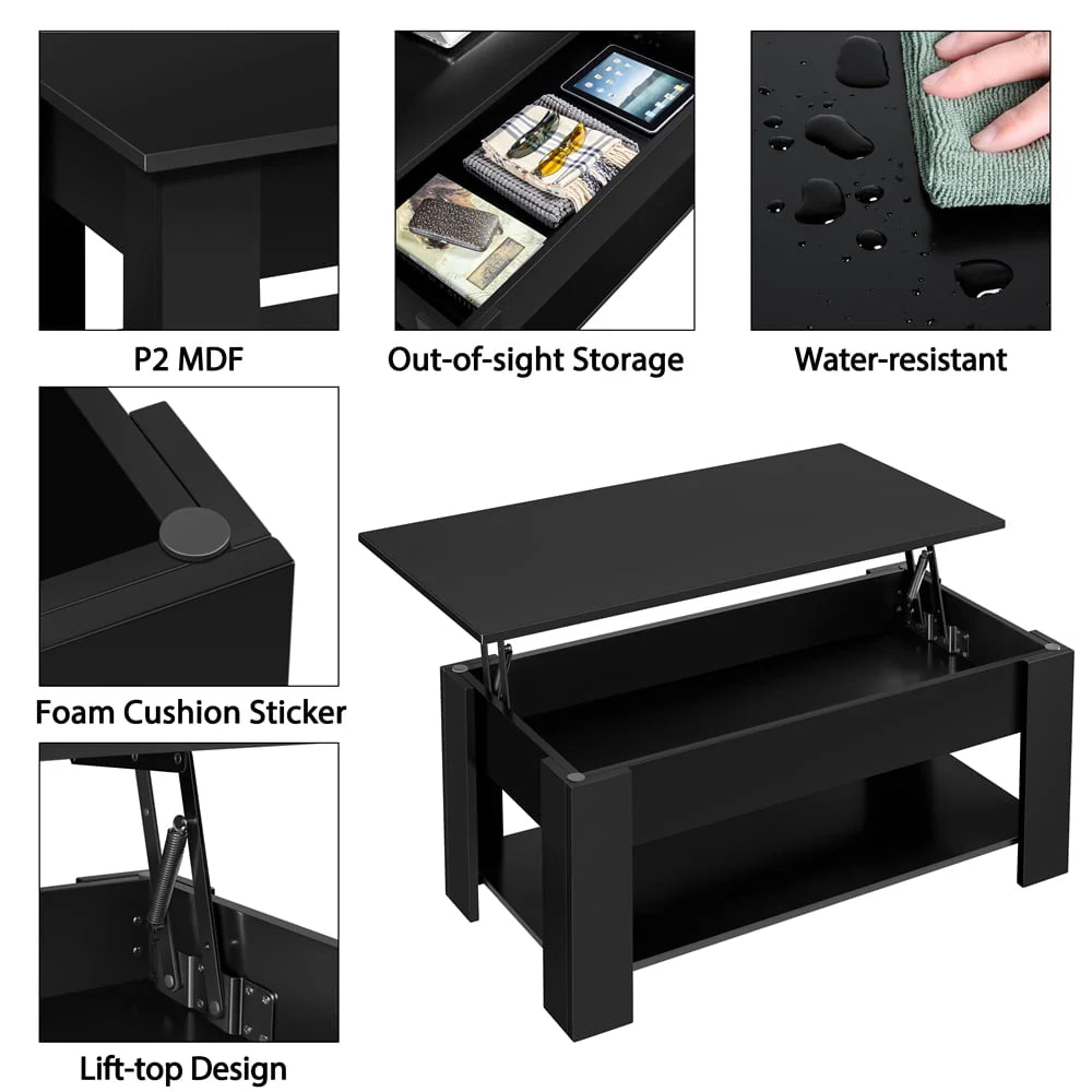 SmileMart Modern Lift Top Coffee Table with Hidden Compartment & Storage, Black