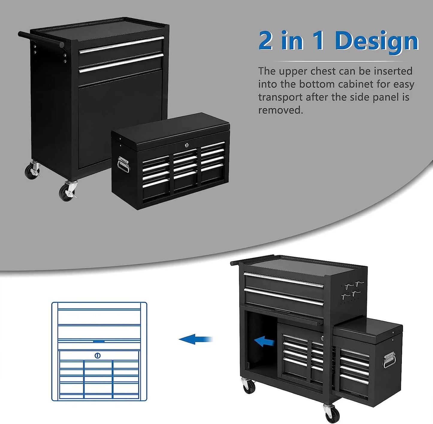 TUFFIOM 8-Drawer Rolling Tool Chest w/Lock & Key, Tool Storage Cabinet w/Wheels, Detachable Top, Drawers, Side Hooks & Drawer Liners, Tool Organizer Box for Garage, Warehouse & Repair Shop