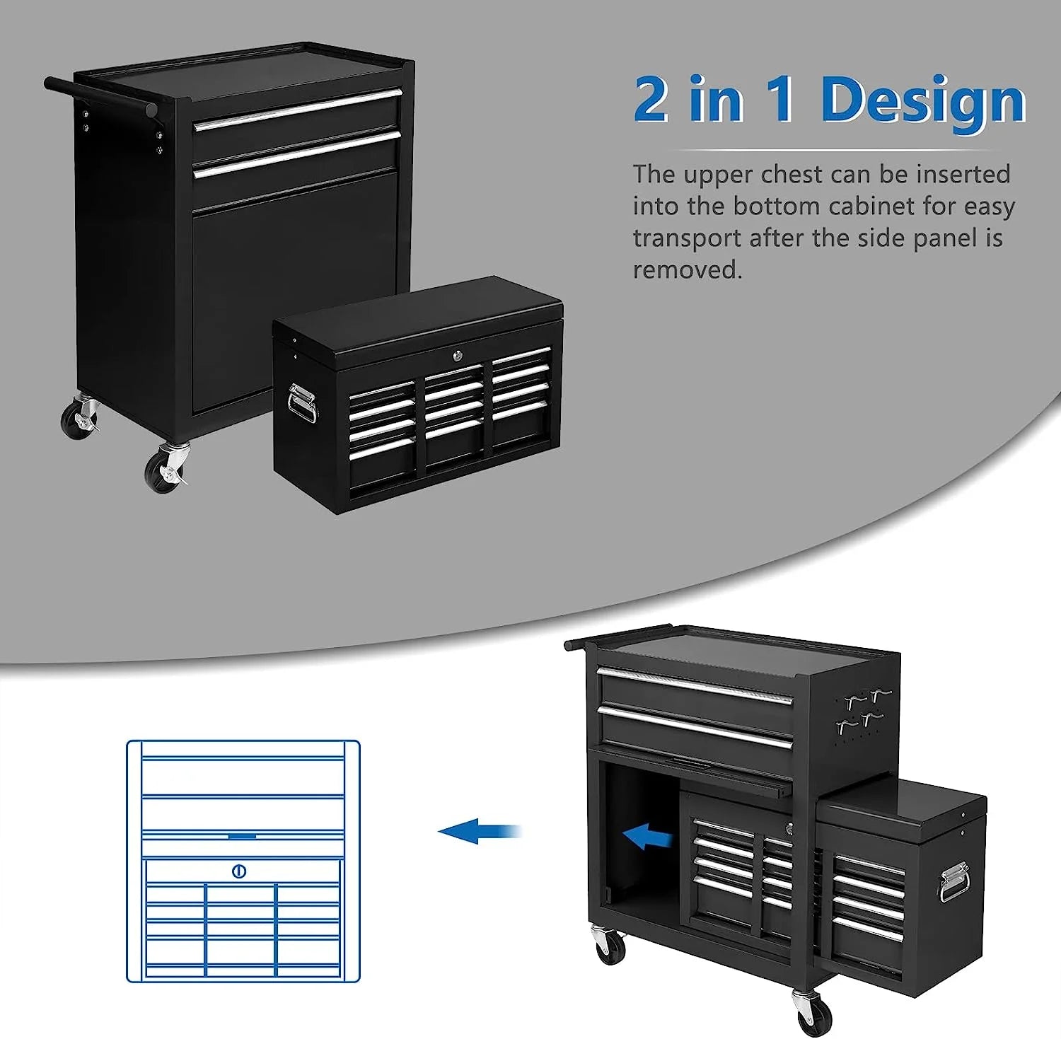 TUFFIOM 8-Drawer Rolling Tool Chest w/Lock & Key, Tool Storage Cabinet w/Wheels, Detachable Top, Drawers, Side Hooks & Drawer Liners, Tool Organizer Box for Garage, Warehouse & Repair Shop