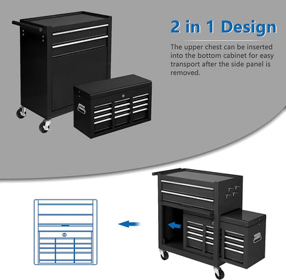 TUFFIOM 8-Drawer Rolling Tool Chest w/Lock & Key, Tool Storage Cabinet w/Wheels, Detachable Top, Drawers, Side Hooks & Drawer Liners, Tool Organizer Box for Garage, Warehouse & Repair Shop