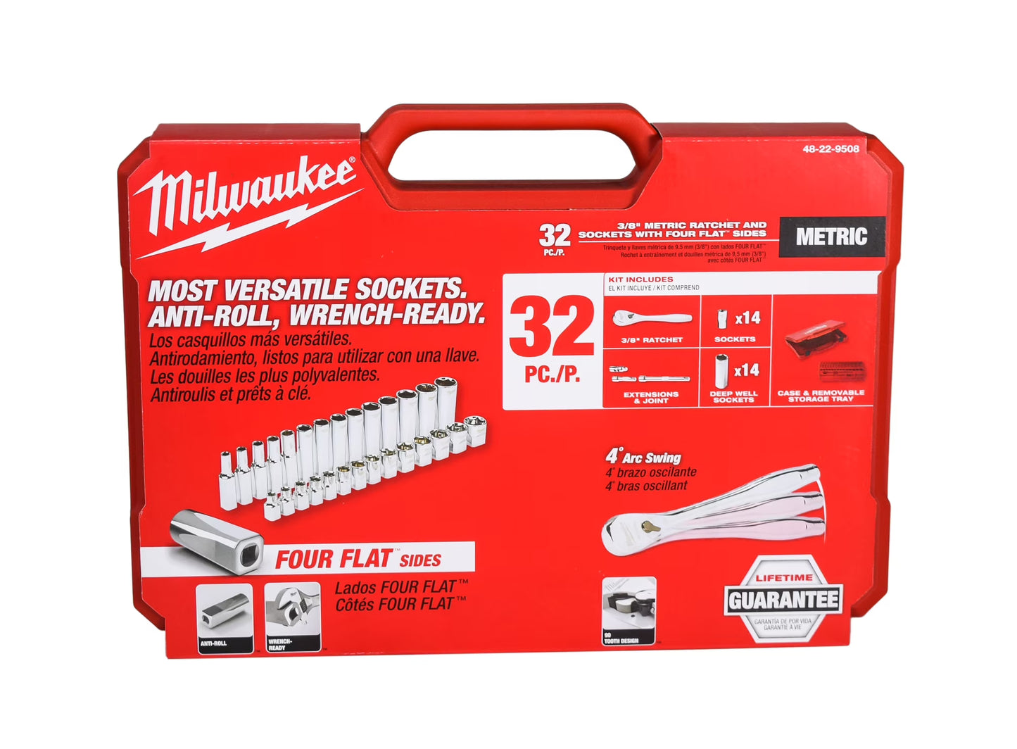 MILWAUKEE 32-Piece Metric 3/8 in. Drive Ratchet & Socket Set - Slim Profile, 90-Tooth, Deep & Standard Sockets (48-22-9508)