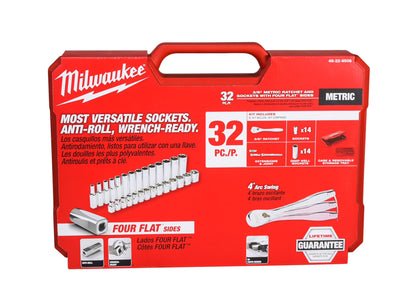 MILWAUKEE 32-Piece Metric 3/8 in. Drive Ratchet & Socket Set - Slim Profile, 90-Tooth, Deep & Standard Sockets (48-22-9508)