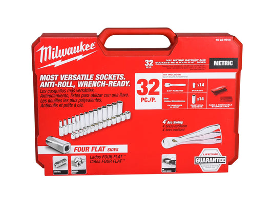MILWAUKEE 32-Piece Metric 3/8 in. Drive Ratchet & Socket Set - Slim Profile, 90-Tooth, Deep & Standard Sockets (48-22-9508)