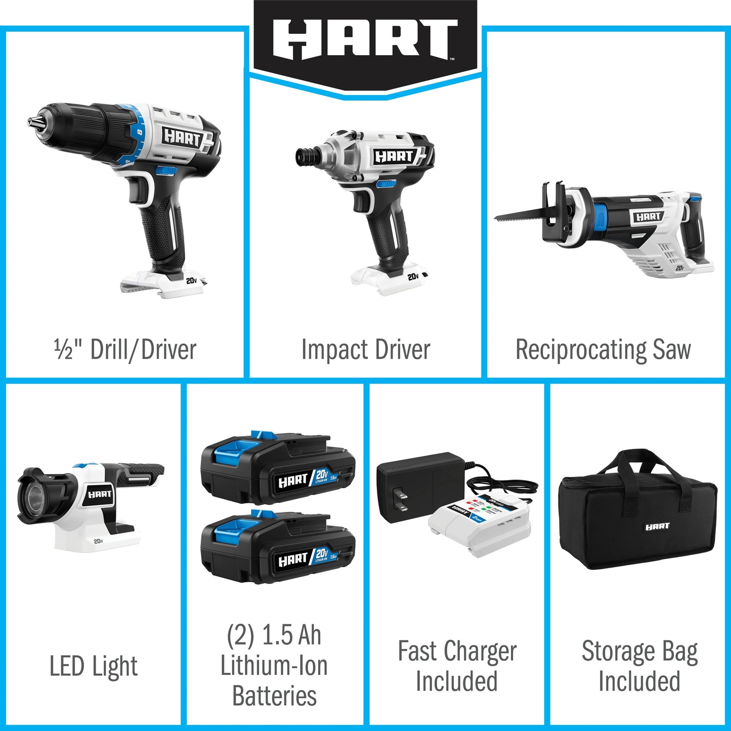 HART 20 Volts 4-Tool Battery-Powered Combo Kit, (2) 1.5Ah Lithium-Ion Batteries