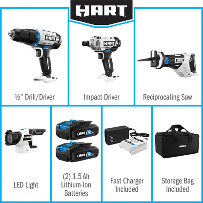 HART 20 Volts 4-Tool Battery-Powered Combo Kit, (2) 1.5Ah Lithium-Ion Batteries