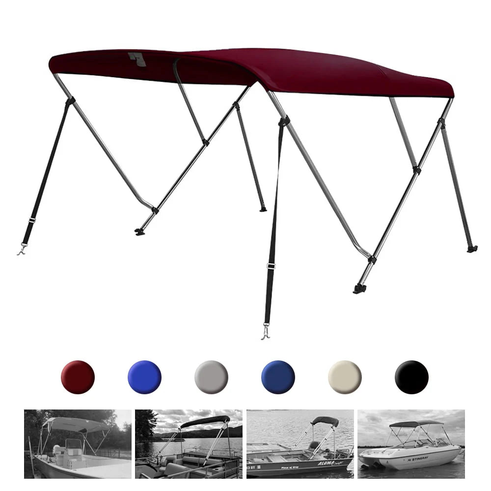 Seamander 3 Bow Bimini Top Boat Cover with Rear Support Pole and Storage Boot, Burgundy