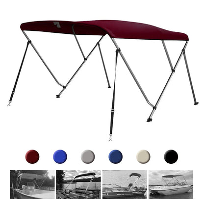 Seamander 3 Bow Bimini Top Boat Cover with Rear Support Pole and Storage Boot, Burgundy
