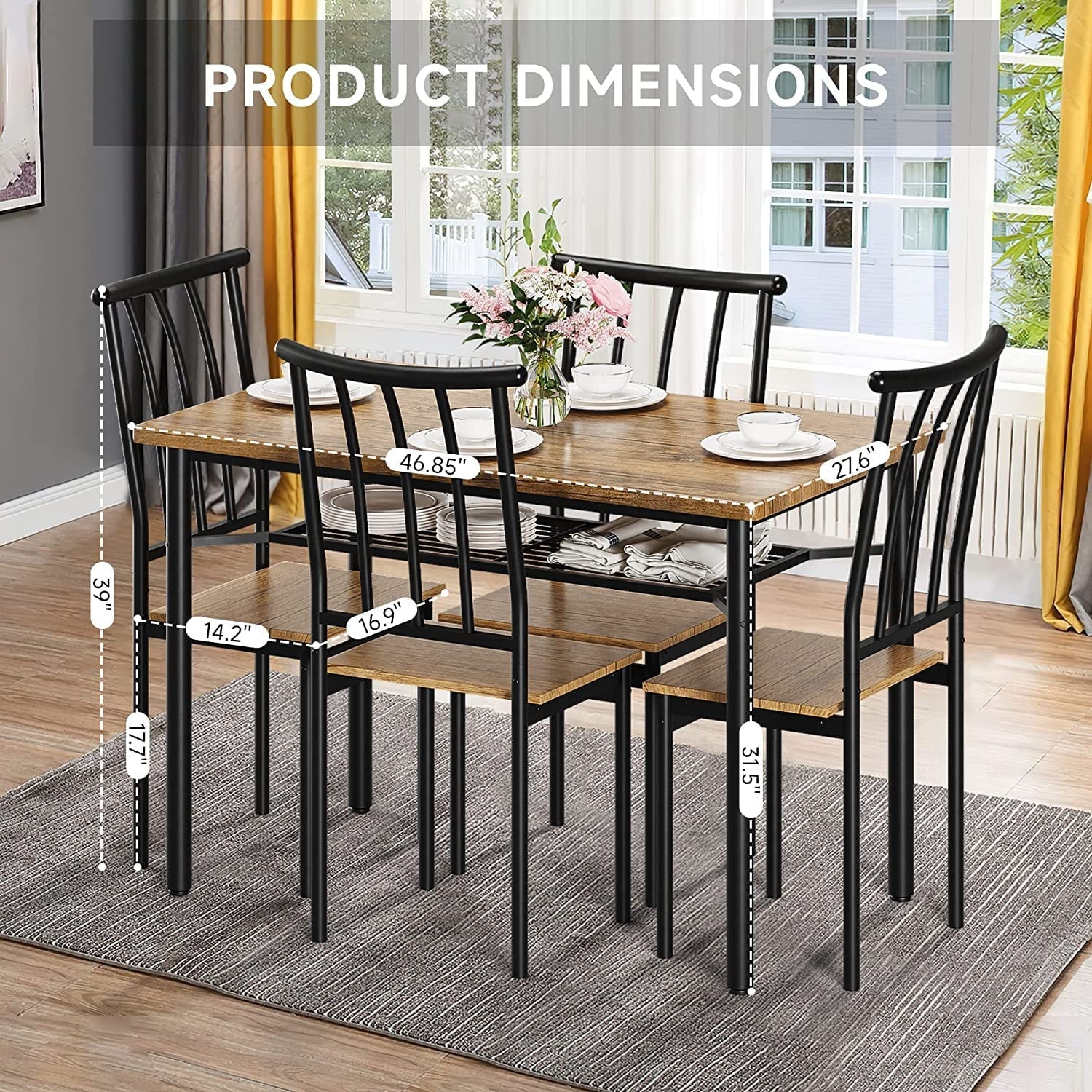 Katidap Dining Table Set for 4 Metal and Wood Indoor Modern Rectangular 5-Piece Dining Table Furniture Set with Storage Rack for Dining Room, Kitchen, Dinette(Rustic Brown)
