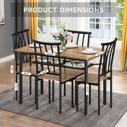 Katidap Dining Table Set for 4 Metal and Wood Indoor Modern Rectangular 5-Piece Dining Table Furniture Set with Storage Rack for Dining Room, Kitchen, Dinette(Rustic Brown)