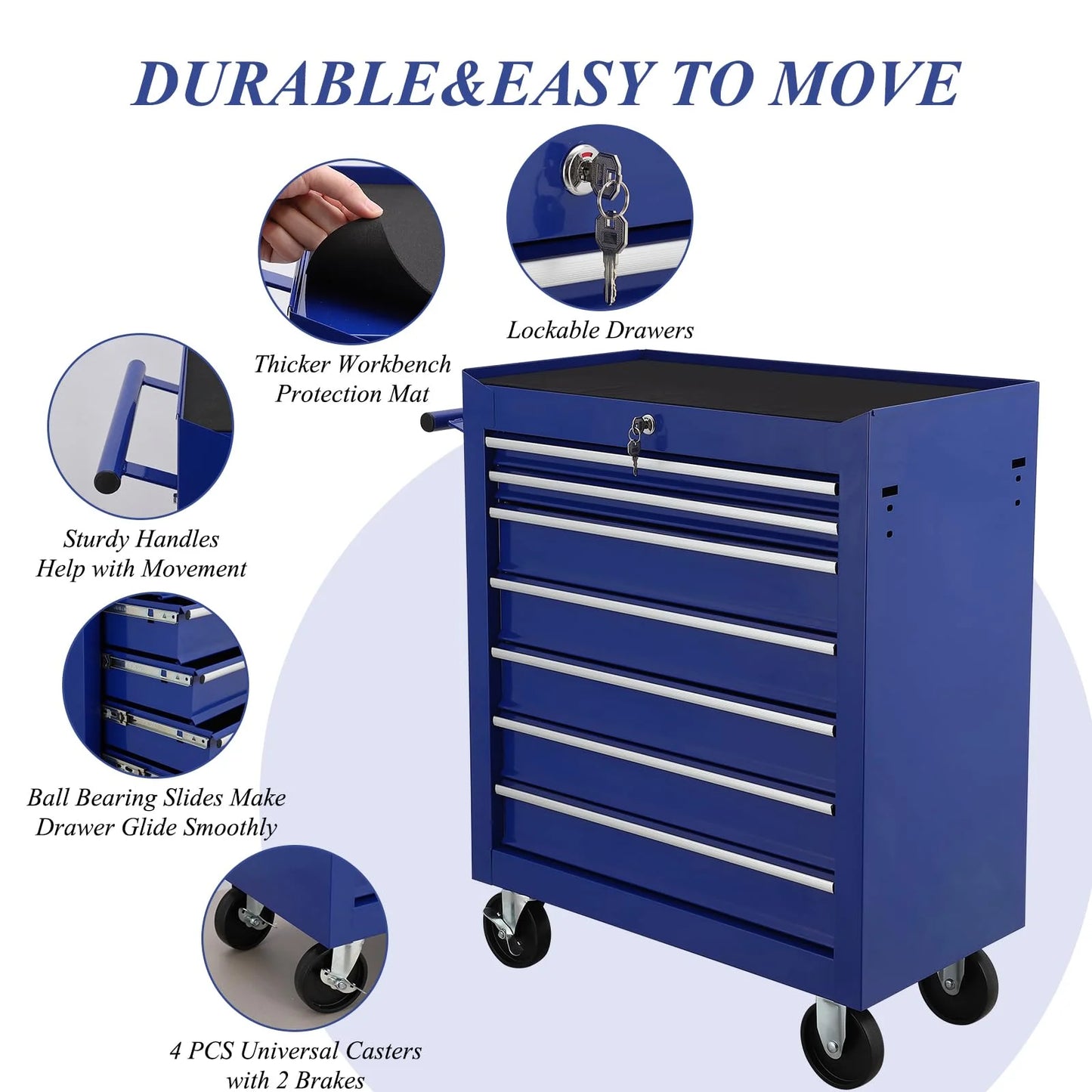 Broadfashion Rolling Tool Box 7 Drawer Tool Chest with Wheels Tool Boxes & Organizers, Alloy Steel Blue, 48.5 Pounds