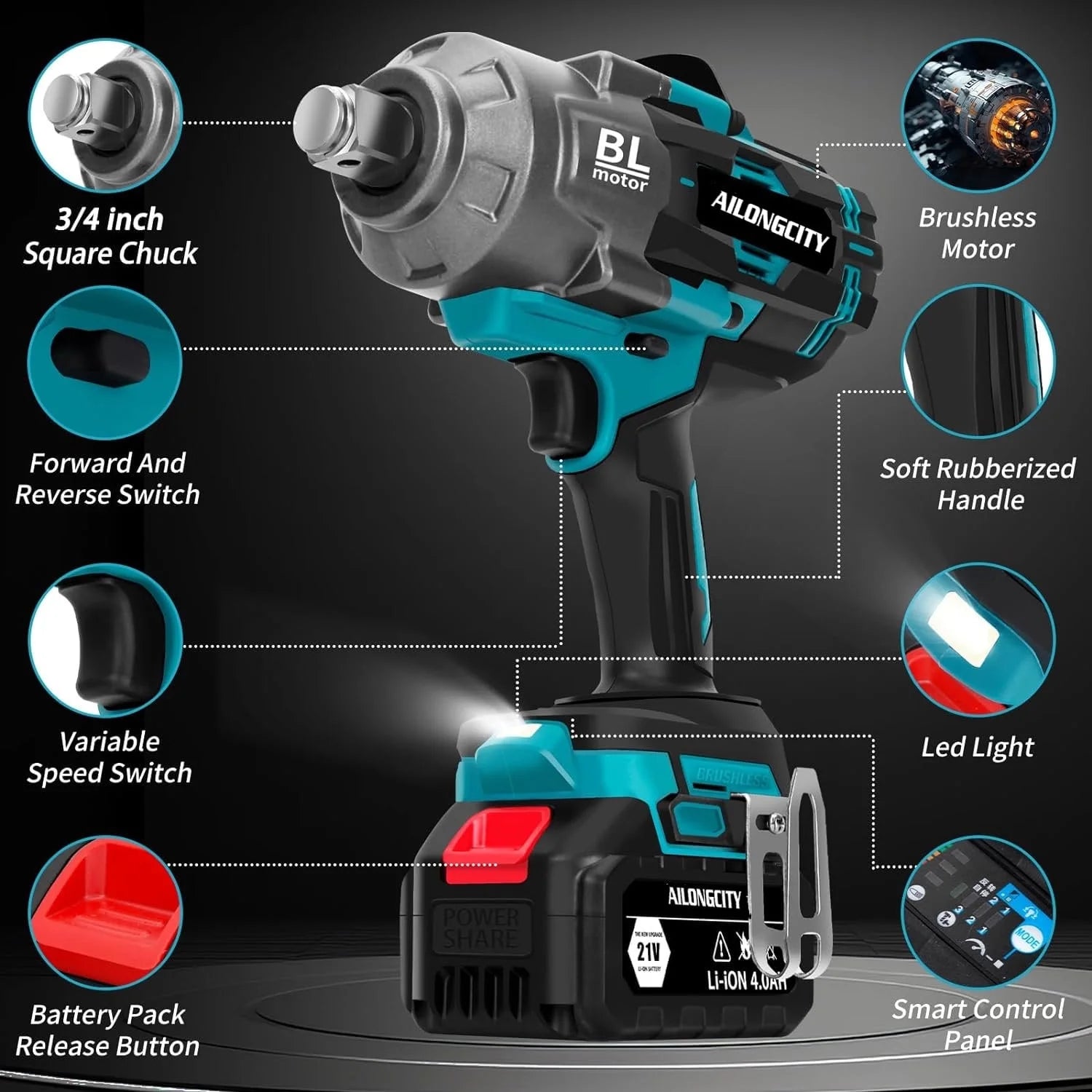 2000Nm(1500ft-lbs) Cordless Impact Wrench,3/4 inch High Torque Brushless Impact Gun, 5500RPM Power Batt ery Impact Wrench w/2 x 4.0Ah Bat tery, Fast Charger for Heavy Duty Truck Mower