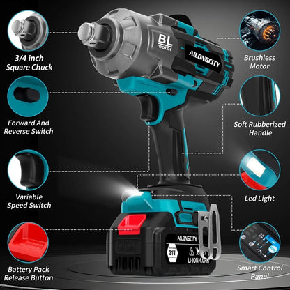2000Nm(1500ft-lbs) Cordless Impact Wrench,3/4 inch High Torque Brushless Impact Gun, 5500RPM Power Batt ery Impact Wrench w/2 x 4.0Ah Bat tery, Fast Charger for Heavy Duty Truck Mower