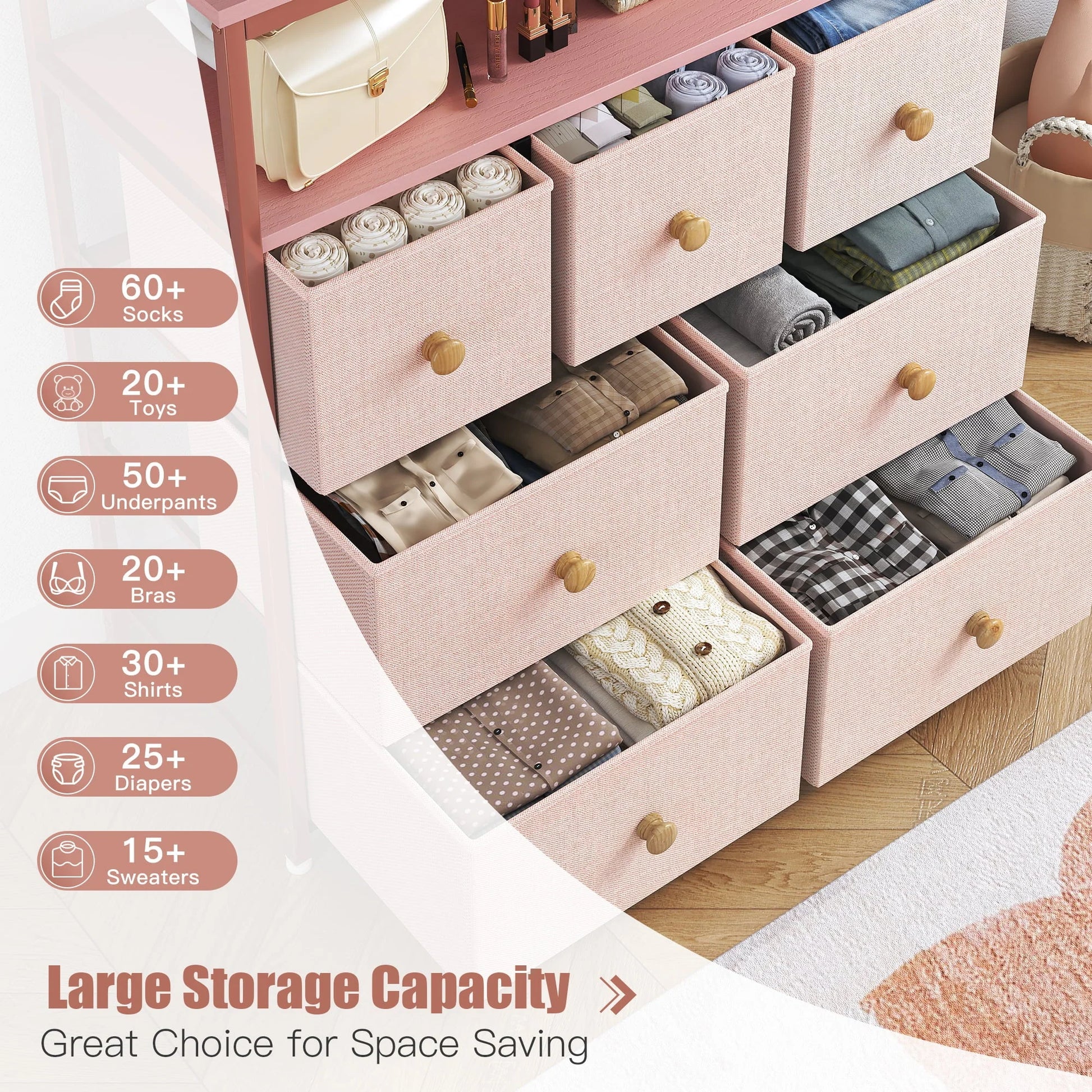 EnHomee Dressers for Bedroom with 7 Drawers Pink Dresser Fabric Chest of Drawers with Shelves Portable Storage Tower Small Dresser for Living Room Nursery Guest Room