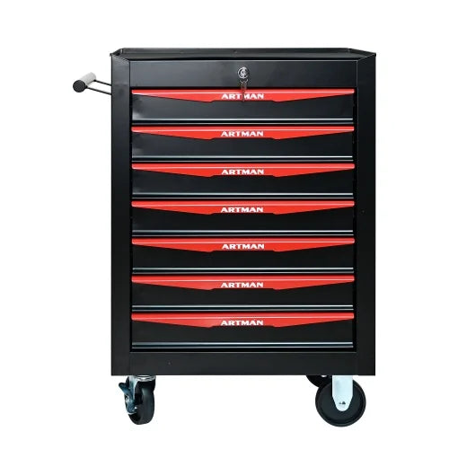 POVANLI 7 Drawer Portable Tool Box With Wheels,20" Tool Chest With Key Locking Tool Boxes/Organizers Black& Red