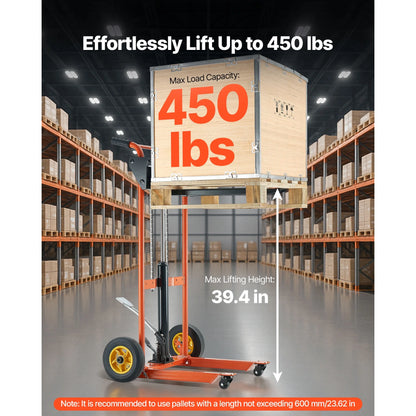 KFFKFF Hydraulic Material Lift Winch Stacker, 450 lbs Capacity, Pallet Truck with Fork Lift Table, 39.4-Inch Max Height, Foldable & Portable Pallet Jack Cart, Yellow & Black