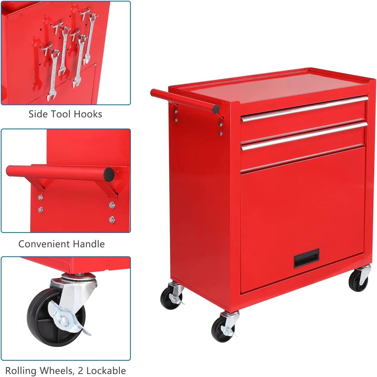 TUFFIOM 8-Drawer Rolling Tool Chest w/Lock & Key, Tool Storage Cabinet w/Wheels, Detachable Top, Drawers, Side Hooks & Drawer Liners, Tool Organizer Box for Garage, Warehouse & Repair Shop