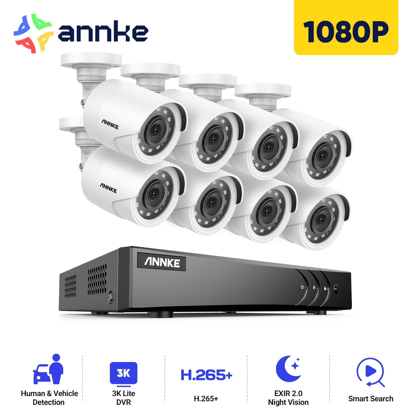 ANNKE 3K Lite Wired Security Camera System with AI Human/Vehicle Detection, H.265+ 8CH Surveillance DVR with 1TB Hard Drive and 8 x 1080p HD Outdoor CCTV Camera, 100 ft Night Vision, Remote Access