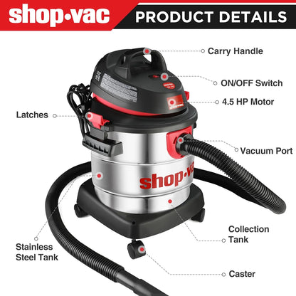 Shop-Vac 5989300, 5 Gallon, 4.5 HP Electric Corded Wet/Dry Vacuum Cleaner for Garage, Silver