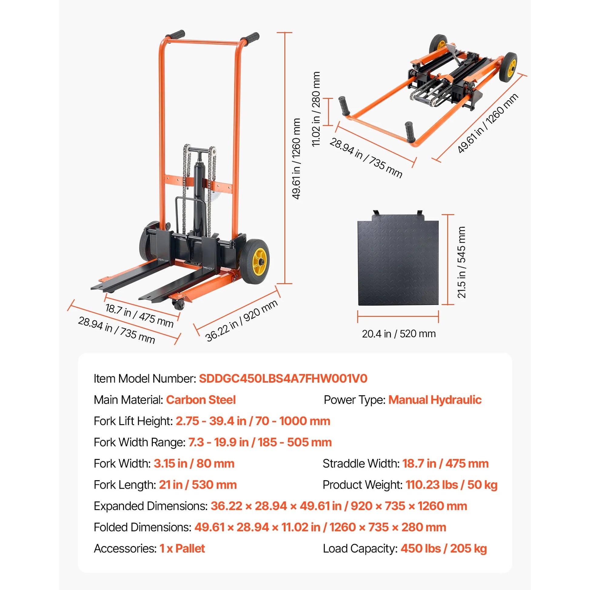KFFKFF Hydraulic Material Lift Winch Stacker, 450 lbs Capacity, Pallet Truck with Fork Lift Table, 39.4-Inch Max Height, Foldable & Portable Pallet Jack Cart, Yellow & Black