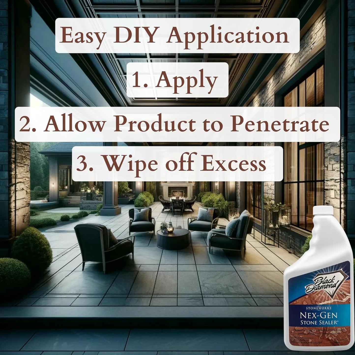 Black Diamond Stoneworks NEX-GEN Natural Stone Penetrating Sealer: Long-Lasting Protection Interior and Exterior ; Granite, Marble, Travertine, Limestone, Grout, Tile, Brick, Slate Floors