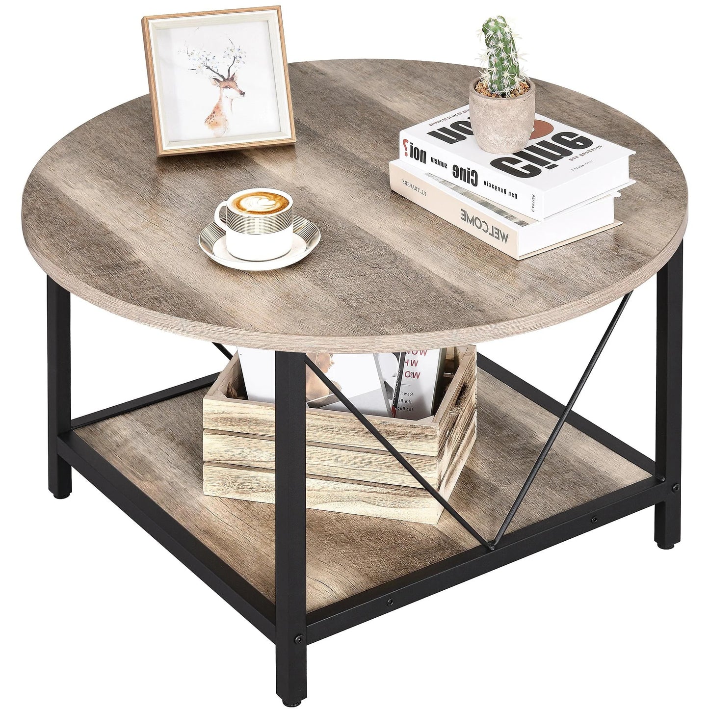 Dextrus Round Coffee Table with Storage, Rustic Living Room Tables with Sturdy Metal Legs, OAK