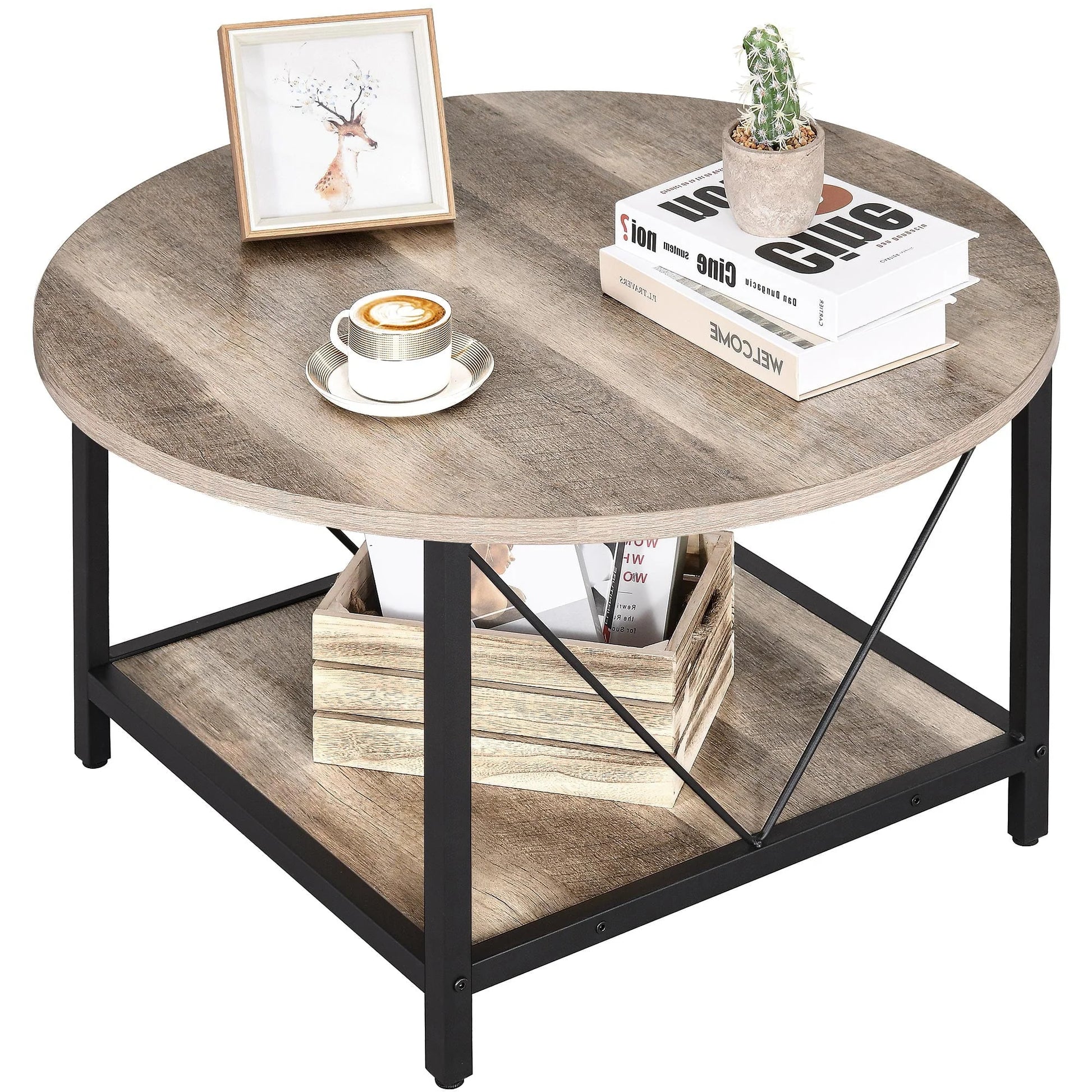 Dextrus Round Coffee Table with Storage, Rustic Living Room Tables with Sturdy Metal Legs, OAK