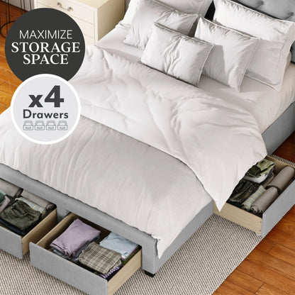 DG Casa Argo Tufted Upholstered Panel Bed Frame with Storage Drawers and Nailhead Trim Headboard, King Size Storage Bed in Platinum Linen Style Fabric