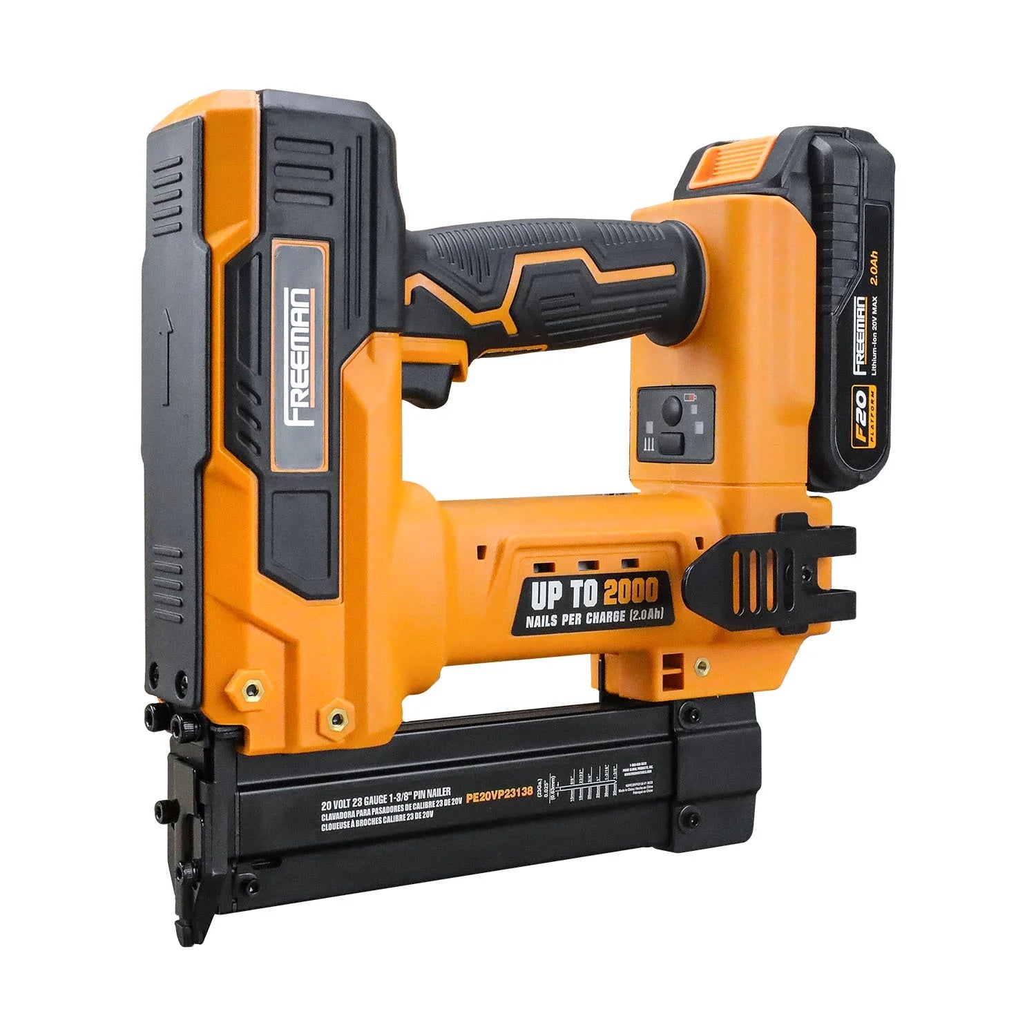 Freeman PE20VP23138 20 Volt Cordless 23-Gauge 1-3/8" Pin Nailer Kit with Lithium Ion Battery, Charger, Bag, and Nails (1000 Count) - 2000 Shots per Charge