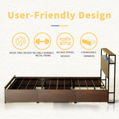 HAUSOURCE Queen Size Bed Frame with Headboard and 4 Storage Drawers LED Platform Bed Frame with Charging Station Rustic Brown