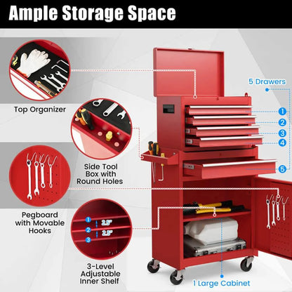 Demifill 2-in-1 Tool Chest and Cabinet with 5 Sliding Drawers, Large Storage Space and Detachable Design, Red