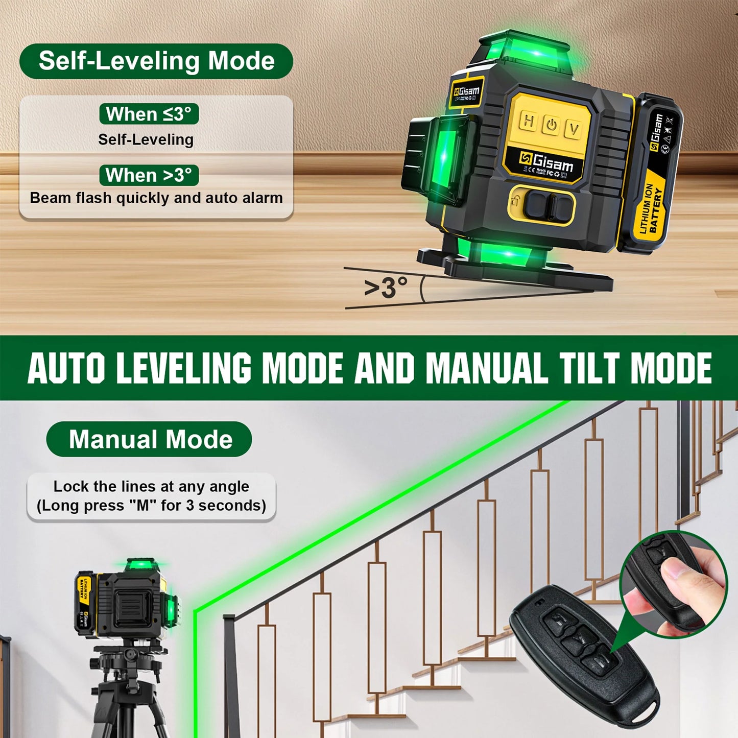 Gisam Laser Level with Tripod , 4x360? Self-Leveling Green Cross Line 4D Laser Tool with Remote Control & 2* 4800mAh Battery