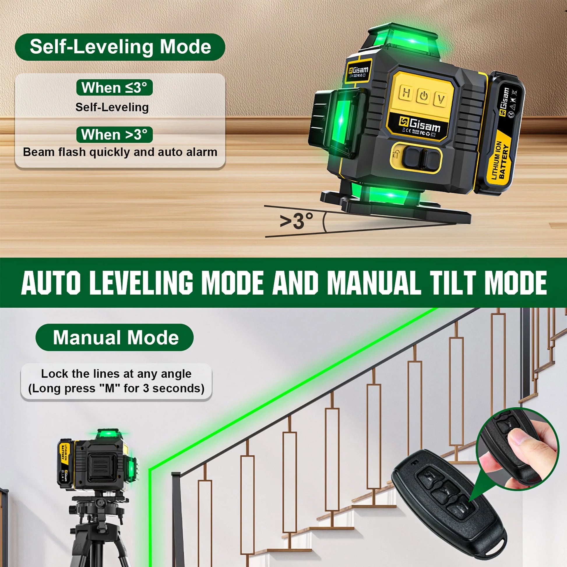 Gisam Laser Level with Tripod , 4x360? Self-Leveling Green Cross Line 4D Laser Tool with Remote Control & 2* 4800mAh Battery