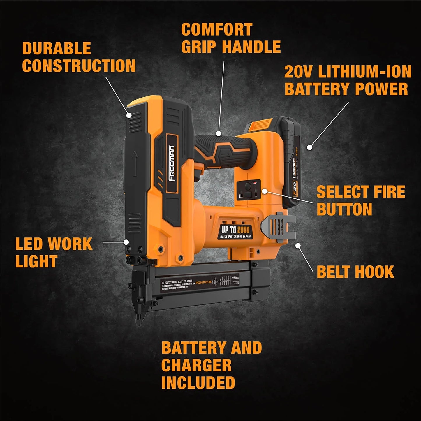Freeman PE20VP23138 20 Volt Cordless 23-Gauge 1-3/8" Pin Nailer Kit with Lithium Ion Battery, Charger, Bag, and Nails (1000 Count) - 2000 Shots per Charge
