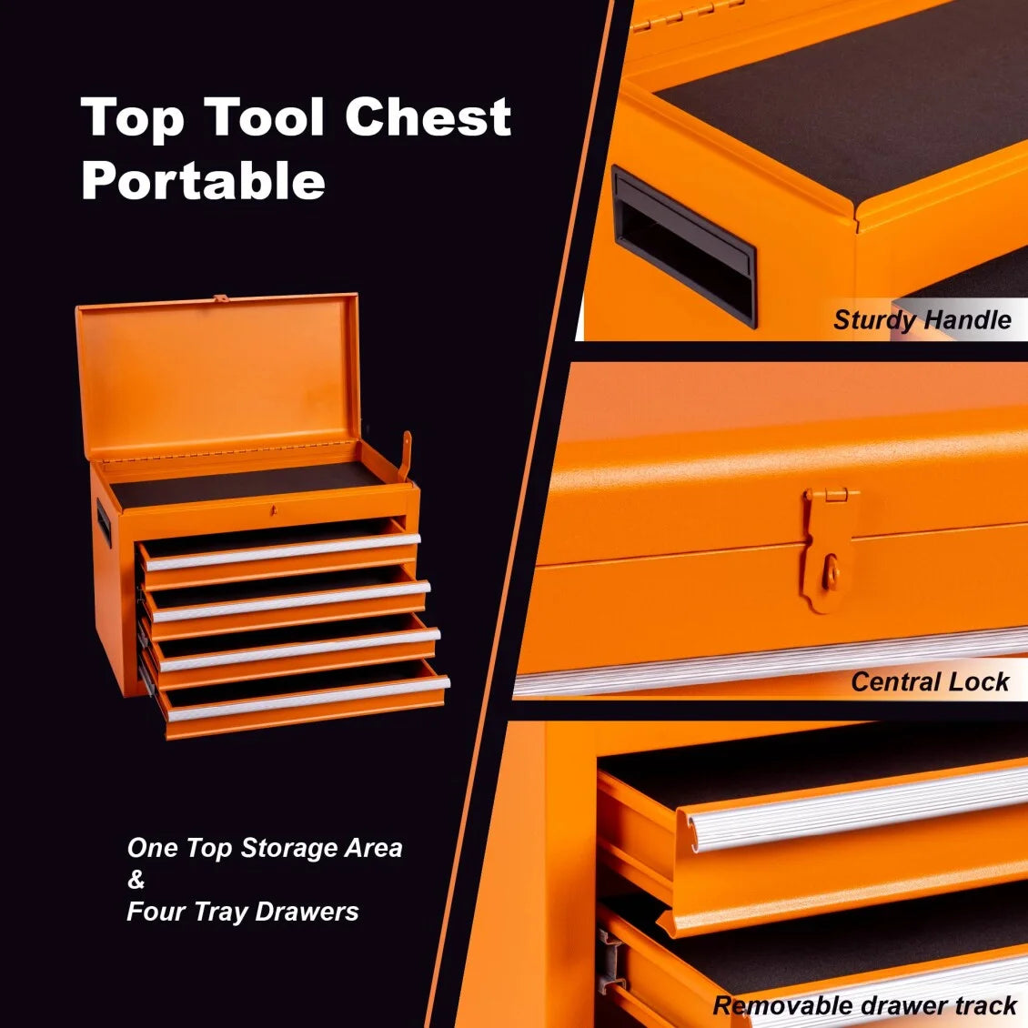 Heavy-Duty Metal Tool Storage Cabinet 5-Drawer Rolling with Detachable Top Box, Lockable Wheels & Adjustable Shelves, Secure Locking Mechanism, Space-Saving Design for Garage Workshop & Home Use
