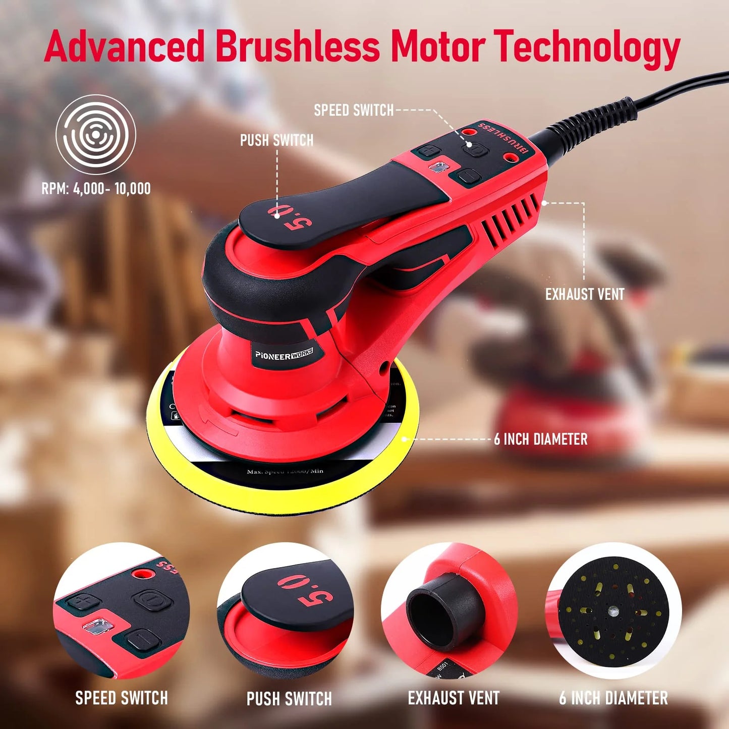 Huisuilinss Electric Random Orbital Sander,6" Palm Sander With Powerful 350W & Low Vibration,10000 RPM Variable Speed For Woodworking Polishing Carpentry