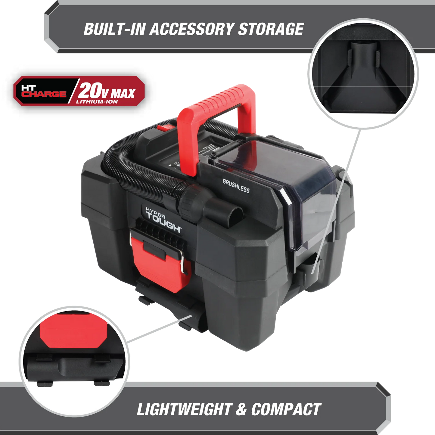 Hyper Tough 1.5 Gallon Wet Dry Vac, 20V Max, Brushless Motor, Cordless, Battery and Charger Included