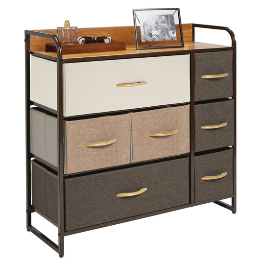 mDesign Large Storage Dresser Furniture with 7 Fabric Drawers, Multi/Dark Brown