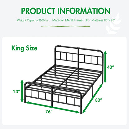 QFTIME 14" King Bed Frame with Headboard and Footboard, Heavy Duty Metal Platform, Premium Steel Slat Mattress Foundation with Storage, No Box Spring Needed