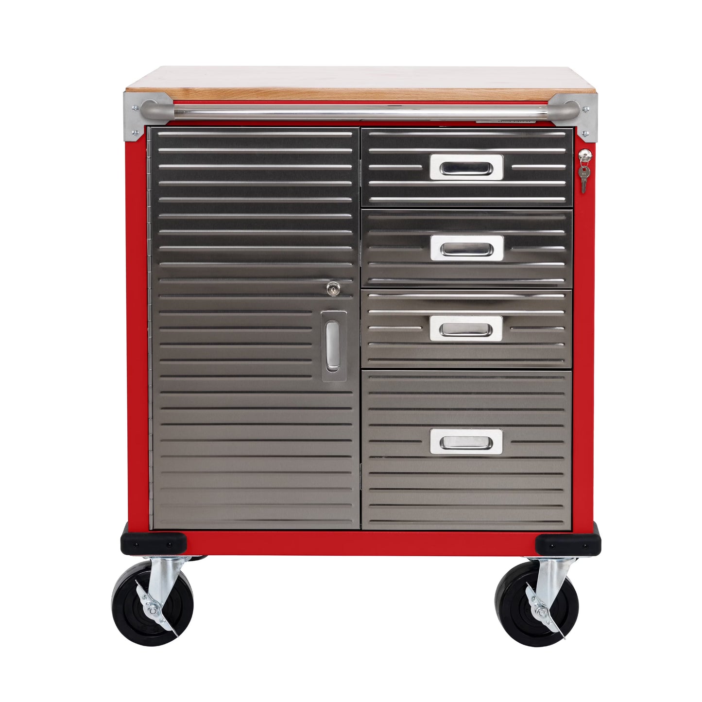 Seville Classics UltraHD Heavy Duty Rolling Cabinet Workbench Table w/Solid Wood Top, Workstation for Garage, Office, Workshop, White, 1-Door, 4-Drawer (28" W x 25" D)