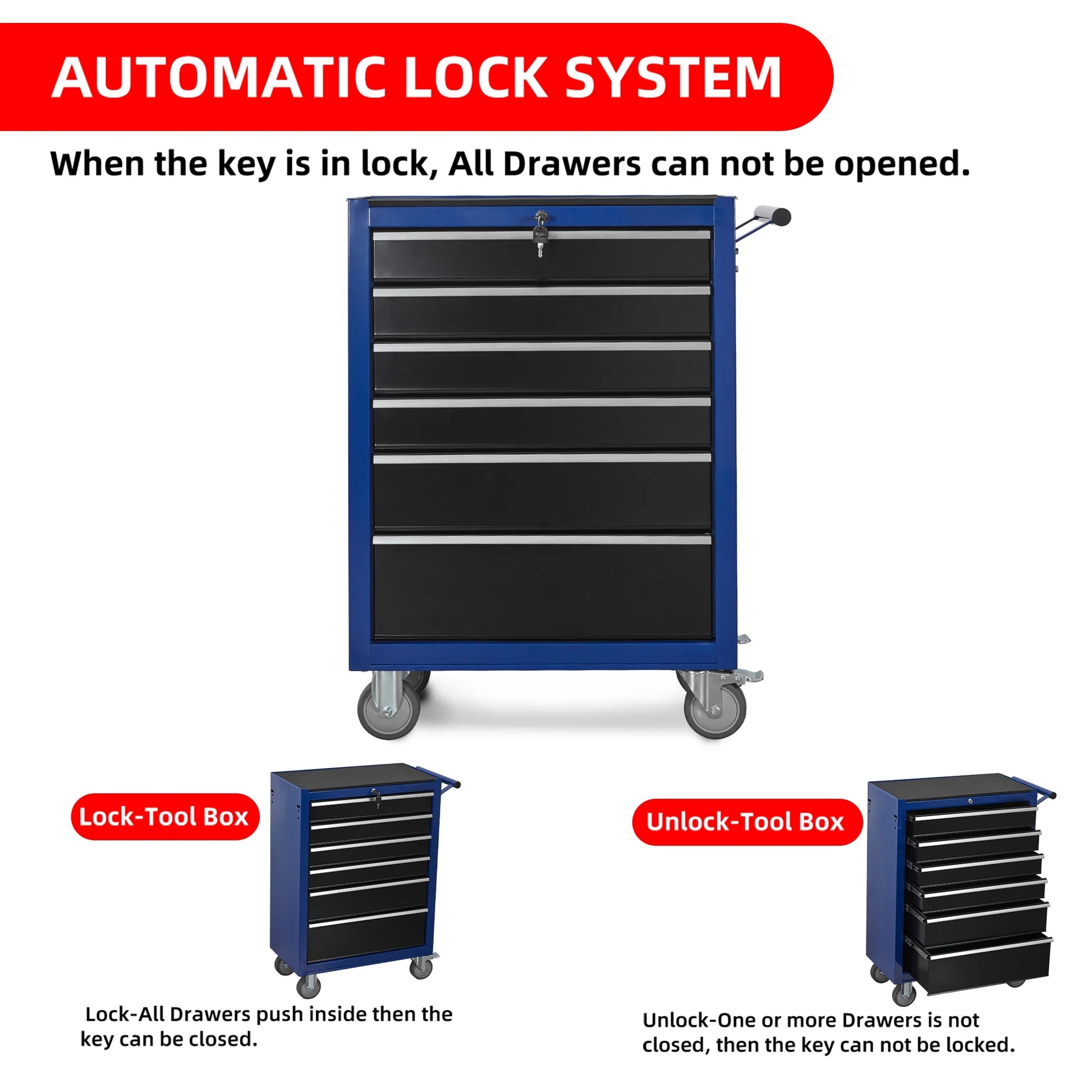 6-Drawer Rolling Tool Chest Cabinet, Large Capacity Organizers Metal Tool Box with Wheels Tool Storage Cart for Garage, Workshop