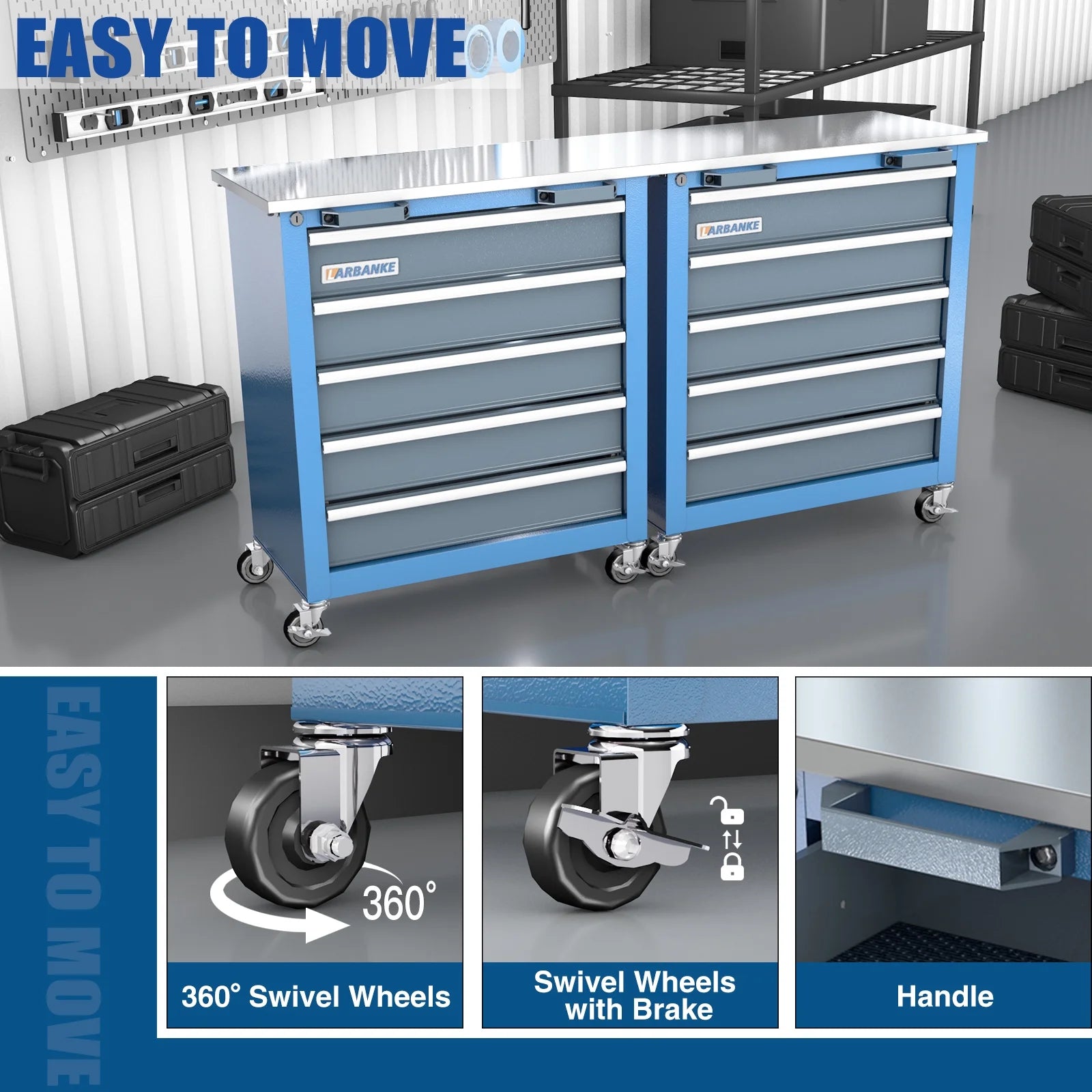 LARBANKE 5-Drawer Rolling Tool Chest with Key Lock, Drawer Liners, Link Buckle, Suitable for Warehouse and Garage