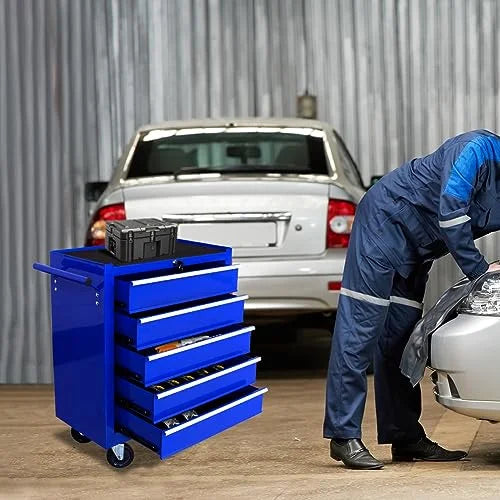 Rolling Garage Workshop Tool Organizer 5 Drawer Tool Chest, Tool Storage Cabinet for Garage Storage with 4 Wheels and Locking System, Blue