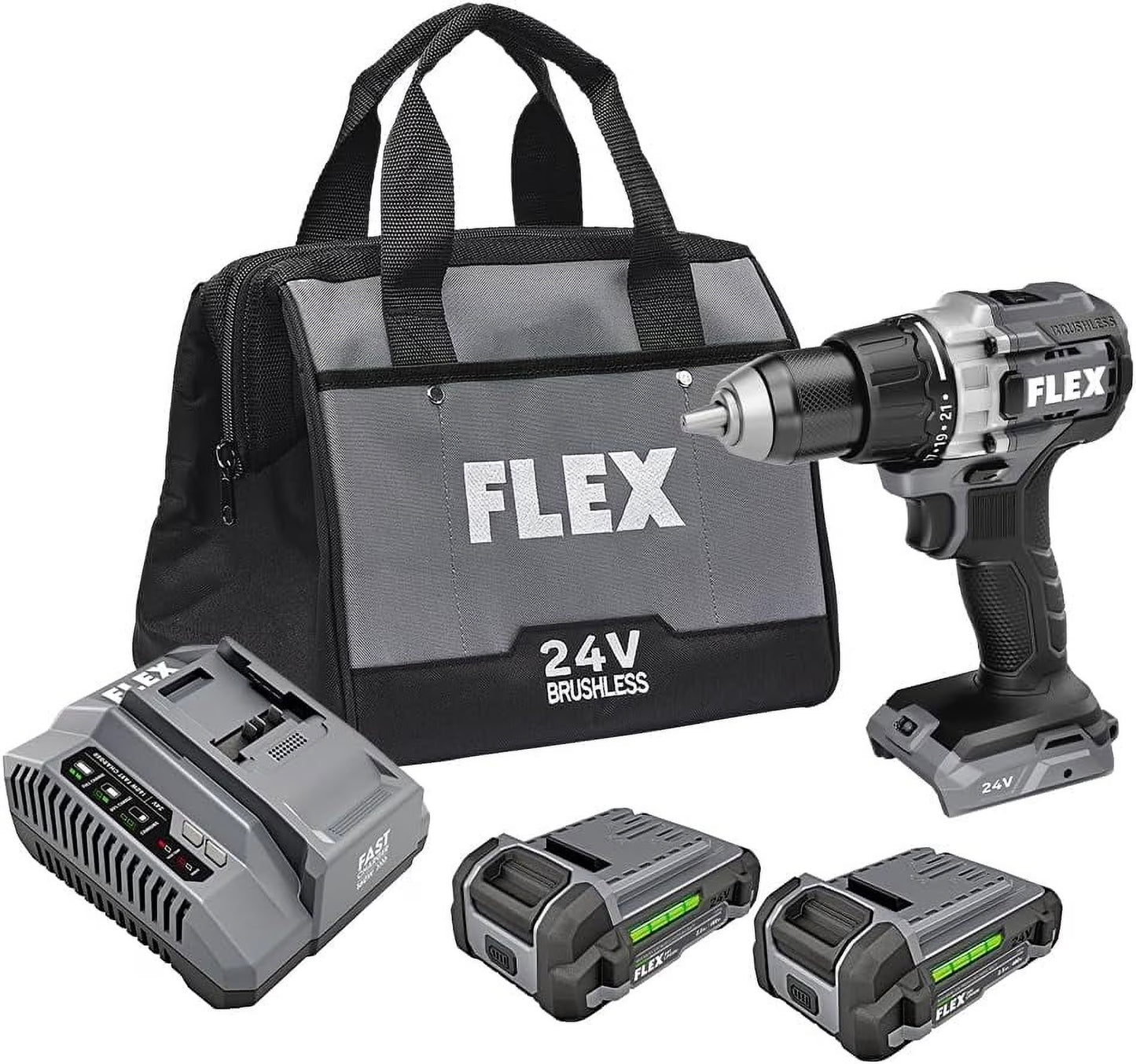 FLEX FX1151-2A 1/2" 2 SPEED 24V DRILL DRIVER KIT 2 2.5AH BATTERIES W/CHARGER + BAG