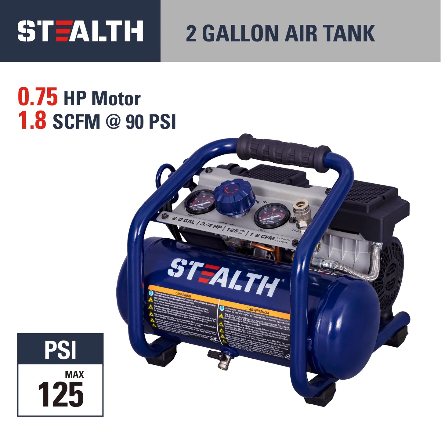 Stealth Ultra Quiet 2 Gallon 125 PSI Portable Electric Oil-Free Air Compressor, Professional Series