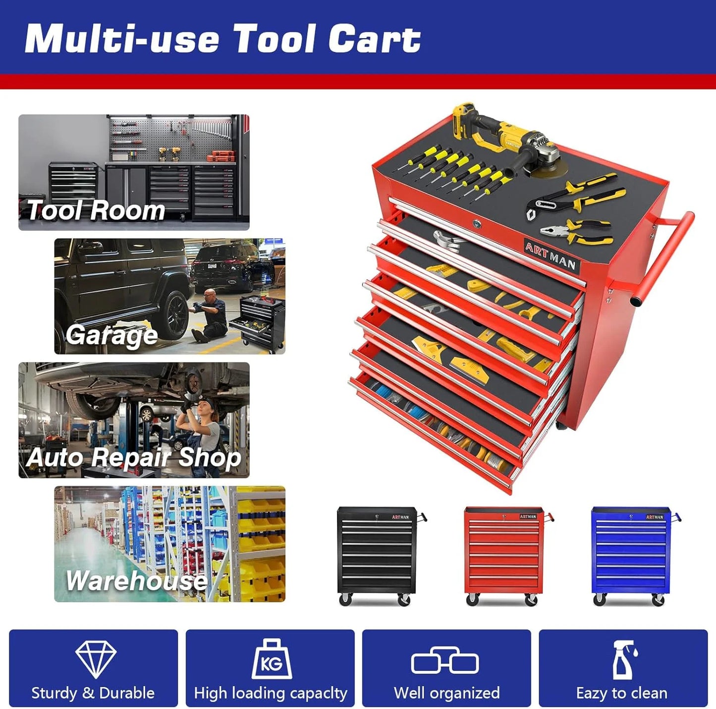 taoruifang 7-Drawer Rolling Tool Cabinet, Anti-Rust Tool Chest With Lock, Storage Organizer for Garage, Workshop