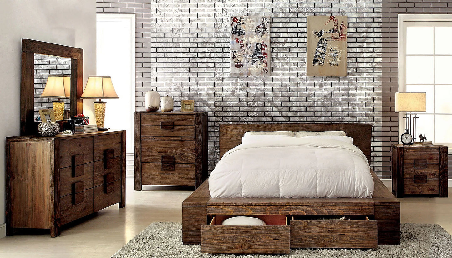 Queen Size Bed Rustic Natural Tone Finish Low Profile Bed w Storage Drawers FB Bedroom Furniture 1pc Bed Solid Wood