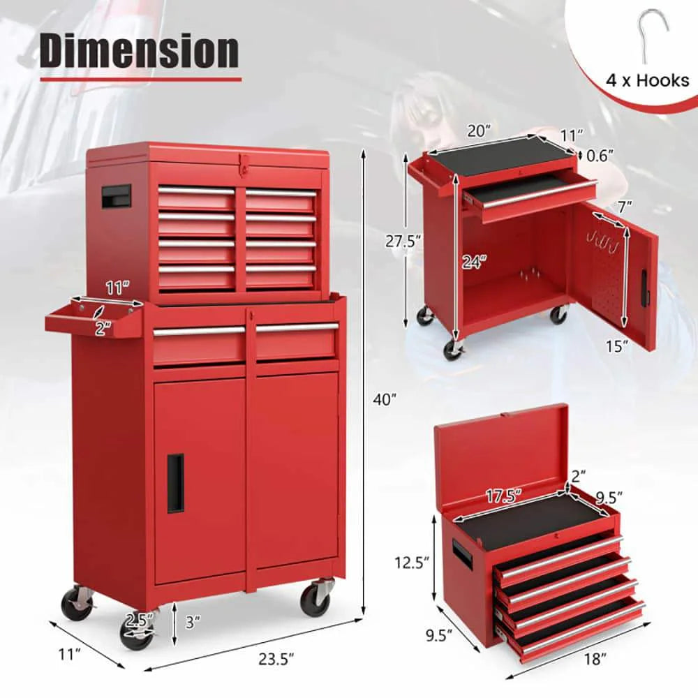 Demifill 2-in-1 Tool Chest and Cabinet with 5 Sliding Drawers, Large Storage Space and Detachable Design, Red
