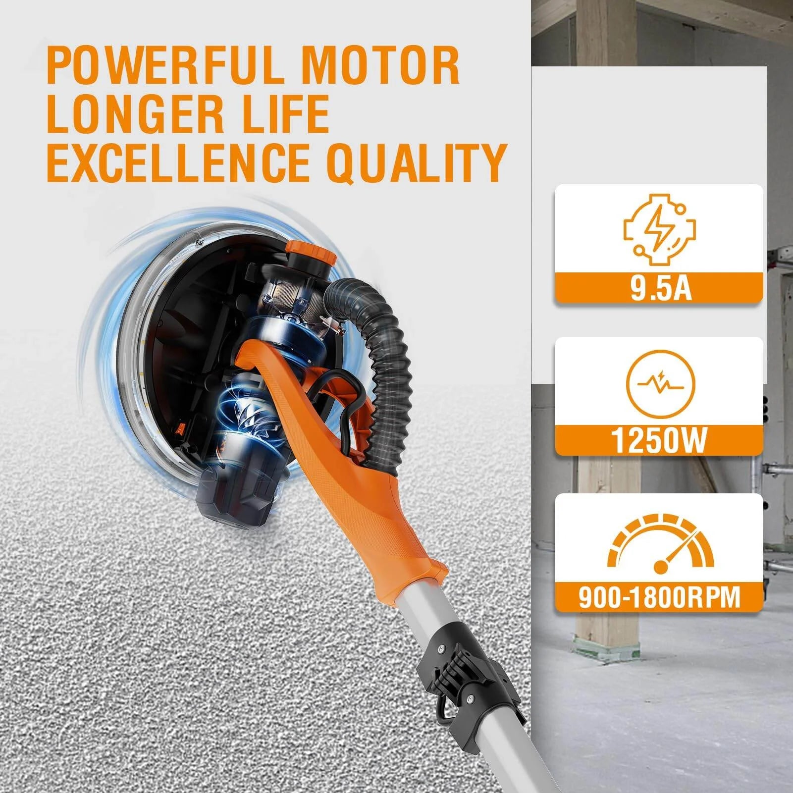 Drywall Sander with Vacuum Dust Collection, 6 Variable Speed Foldable Telescopic Electric Wall Sander, Popcorn Ceiling Removal Tool, 1900RPM Power Sander Tool, LED Light, 18Pcs Sanding Discs,Power D