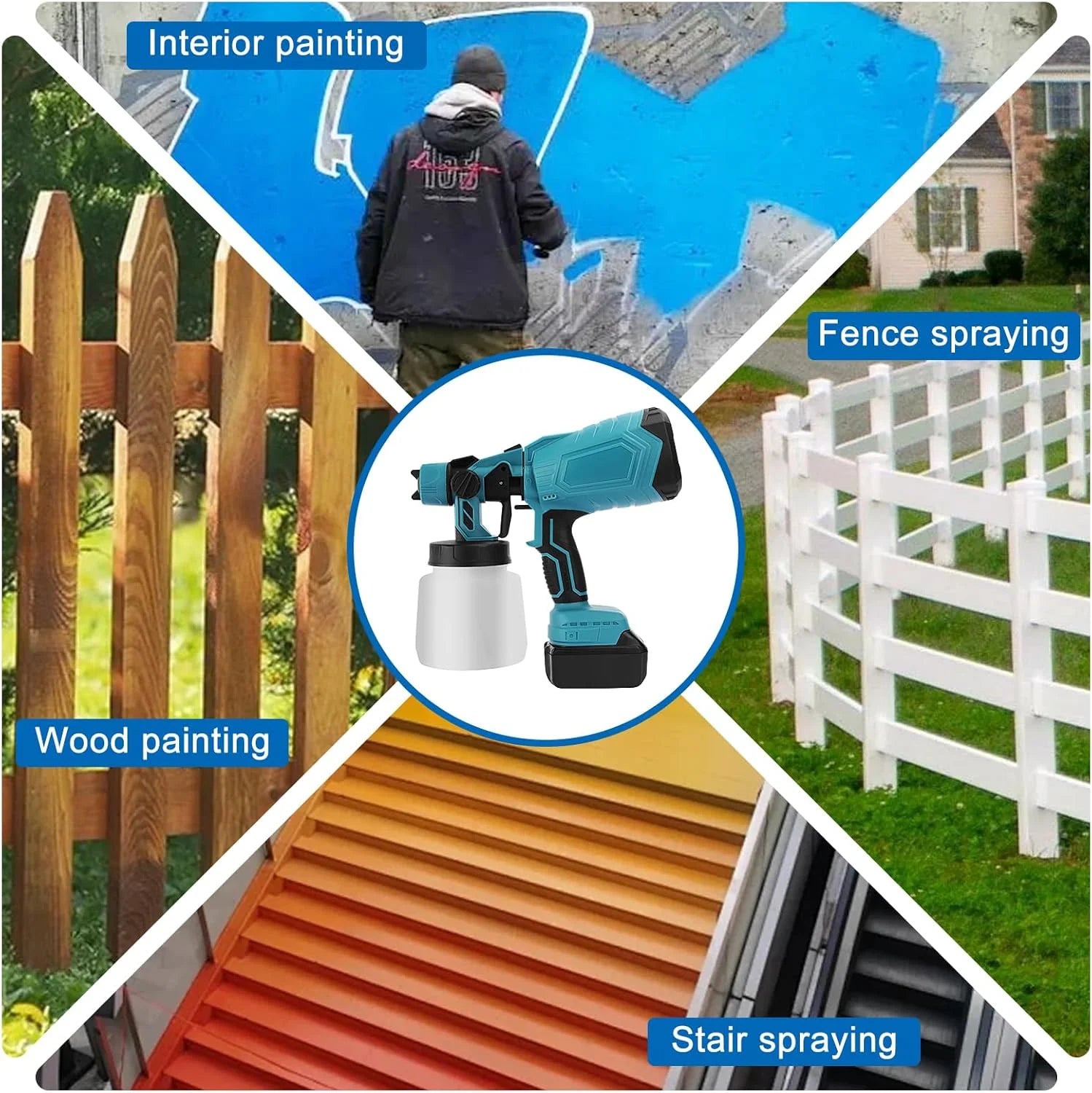 iToolMax 800W, 21V, Blue Cordless HVLP Paint Sprayer, 1000ml Volume Capacity, 3 Spray Patterns, 5 Pieces